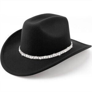 Women's Black Western Faux Sparkling Rhinestone Band Fedora Cowboy Felt Hat
